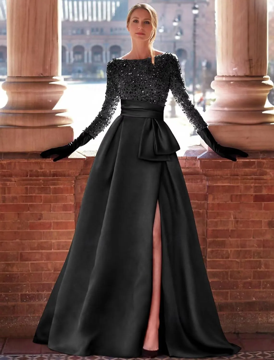 zcbang Long Sleeve Formal Dresses for Women 2024 Sparkly Sequin Satin Prom Dresses with Slit Aline Ball Gown