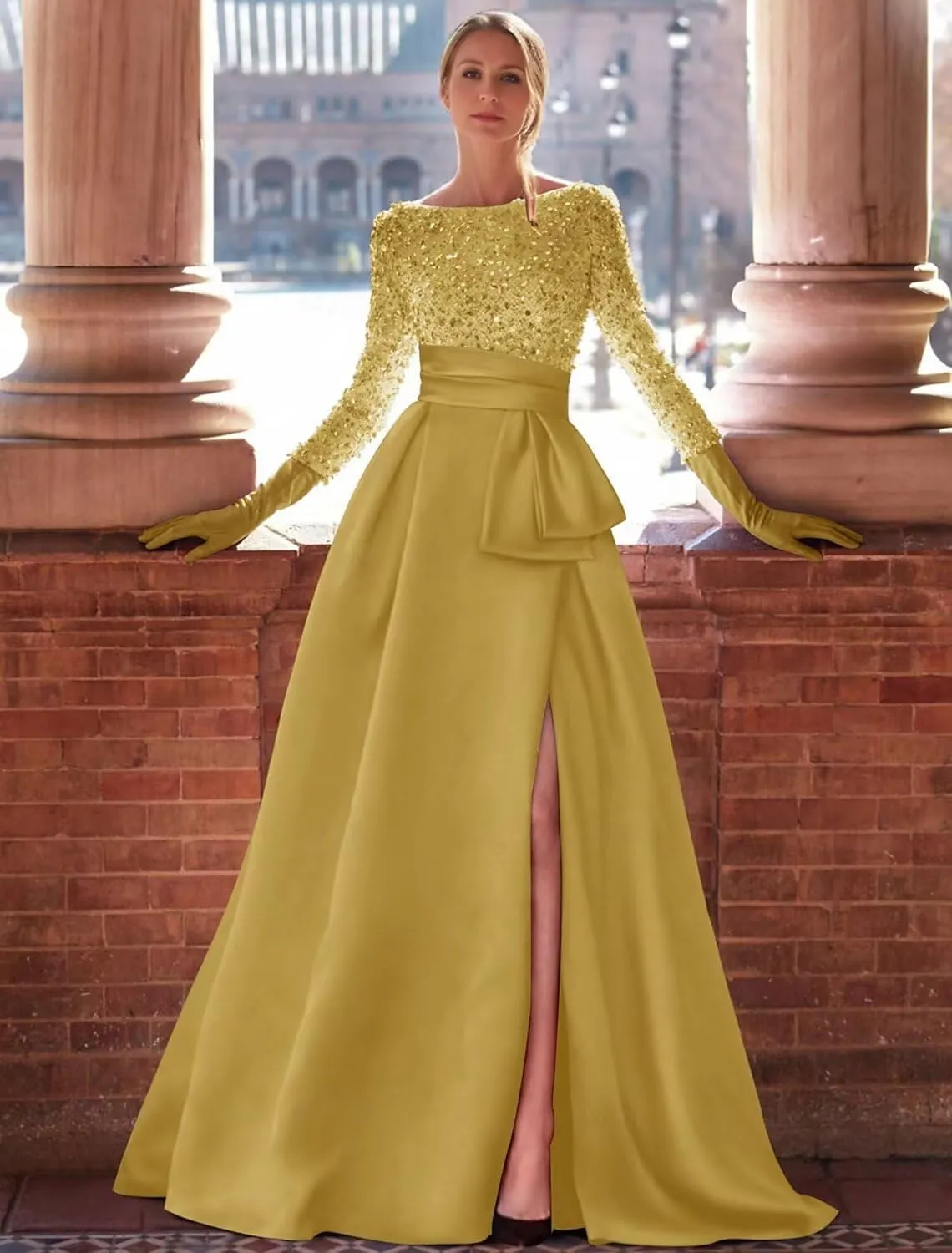 zcbang Long Sleeve Formal Dresses for Women 2024 Sparkly Sequin Satin Prom Dresses with Slit Aline Ball Gown