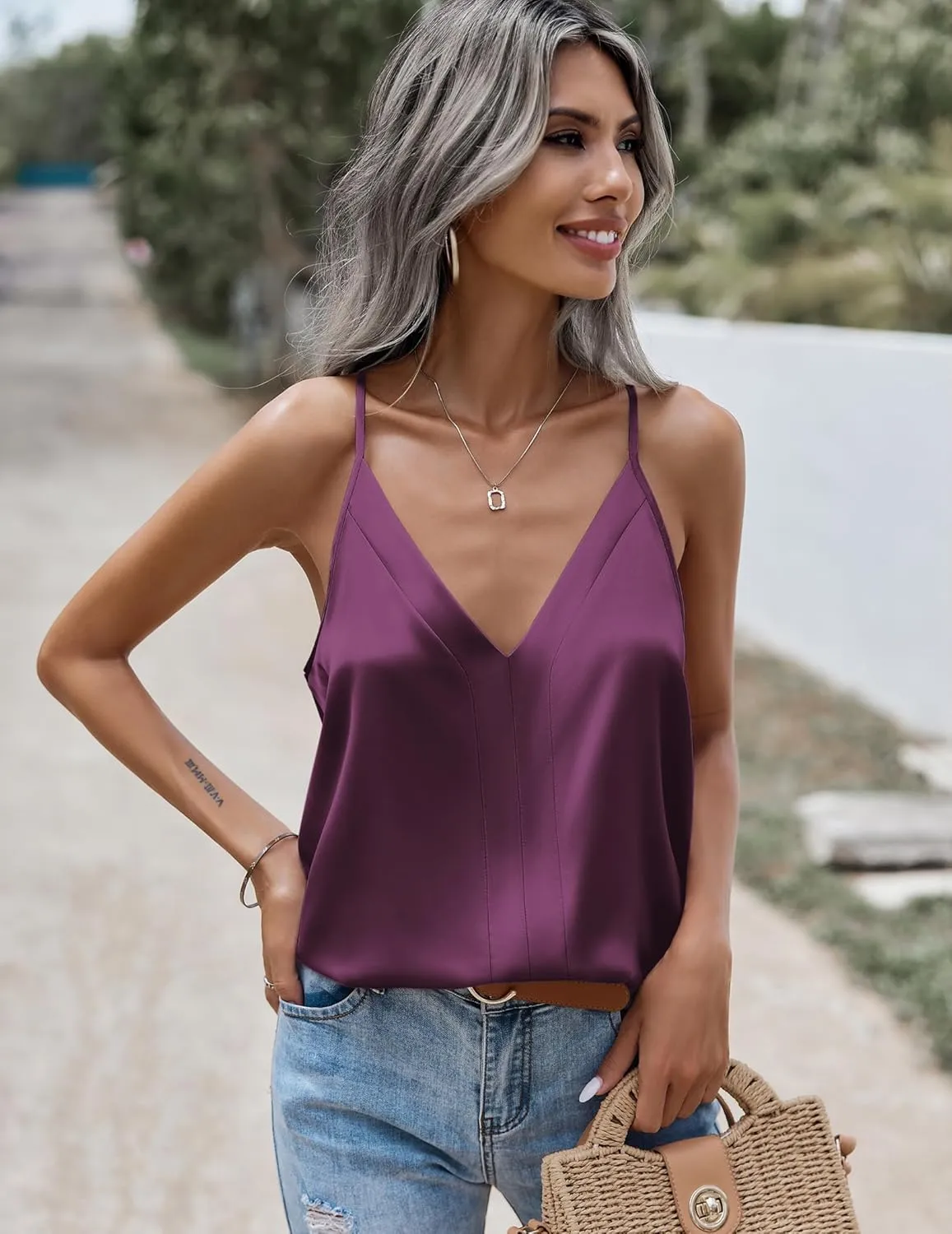 Zeagoo Womens Silk Satin Tank Tops V Neck Sleeveless Camisole Cami Spaghetti Straps Blouse Summer Loose Racerback Shirt
