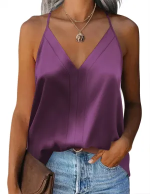 Zeagoo Womens Silk Satin Tank Tops V Neck Sleeveless Camisole Cami Spaghetti Straps Blouse Summer Loose Racerback Shirt