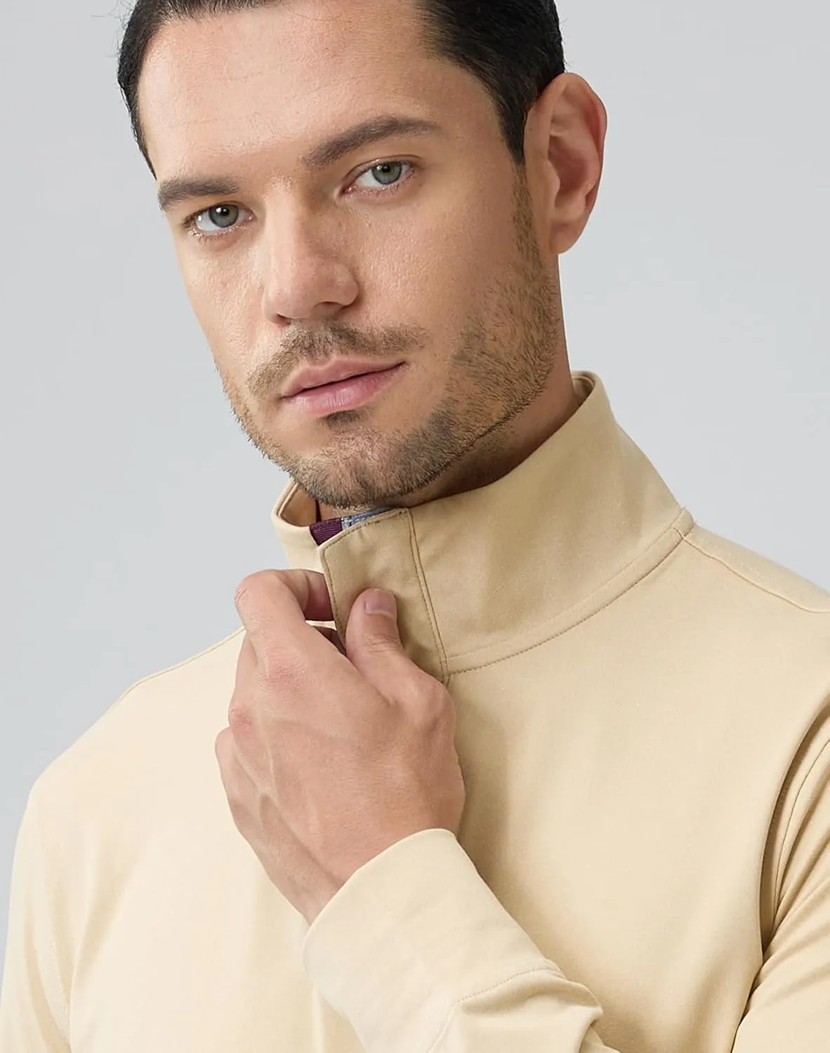 Zip-Neck Polo Shirts for Men Brushed Comfort Stretch Casual Long Sleeve Regular Fit
