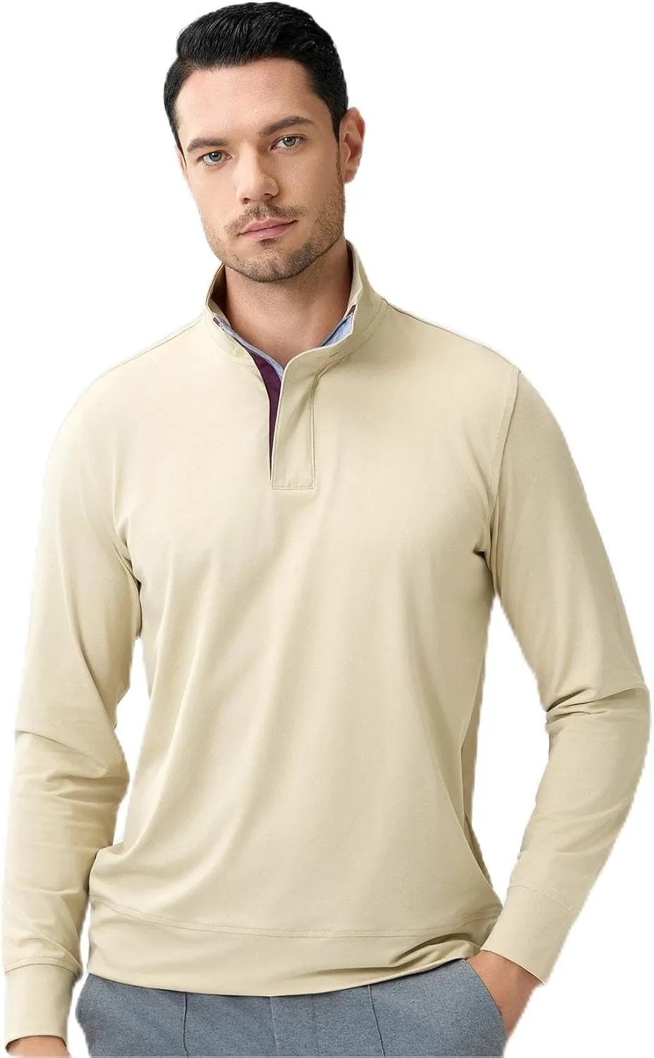 Zip-Neck Polo Shirts for Men Brushed Comfort Stretch Casual Long Sleeve Regular Fit