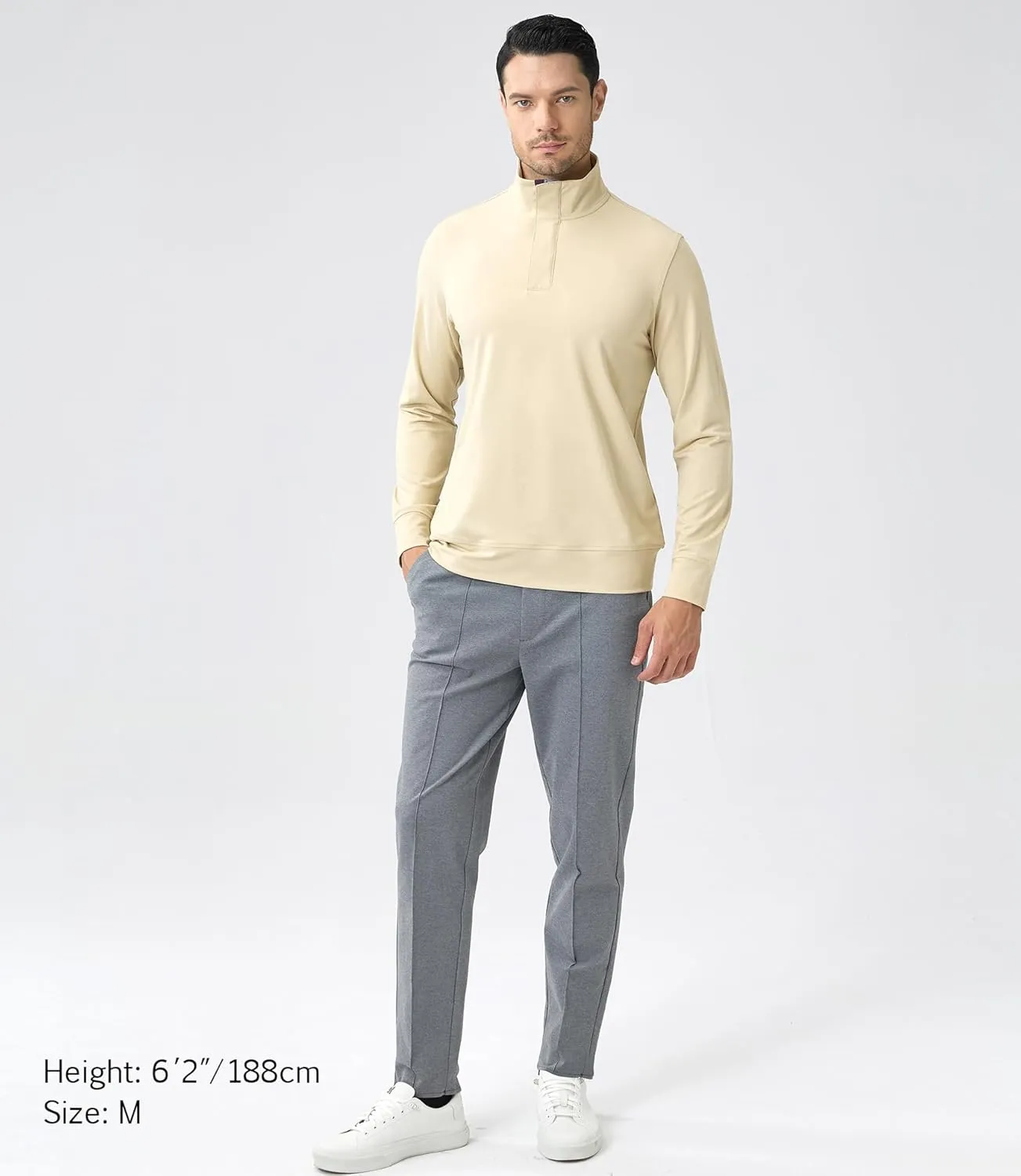 Zip-Neck Polo Shirts for Men Brushed Comfort Stretch Casual Long Sleeve Regular Fit