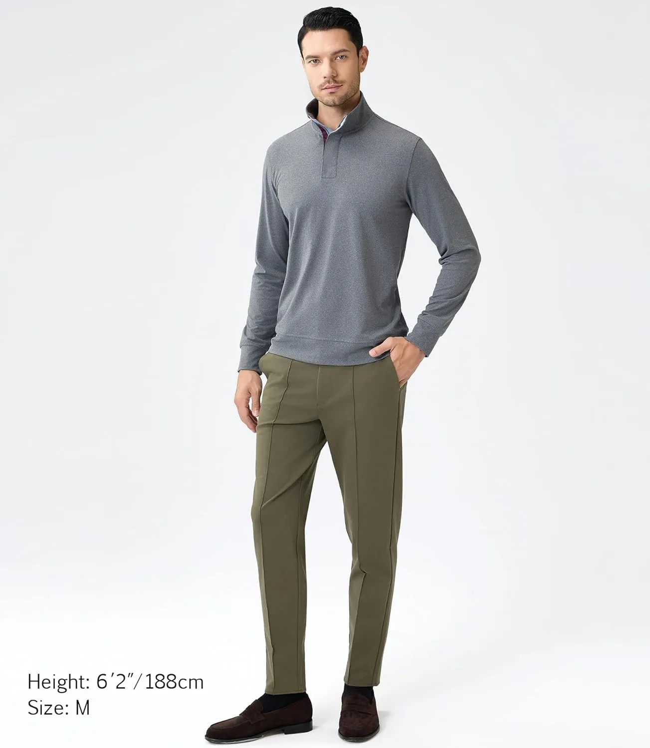 Zip-Neck Polo Shirts for Men Brushed Comfort Stretch Casual Long Sleeve Regular Fit