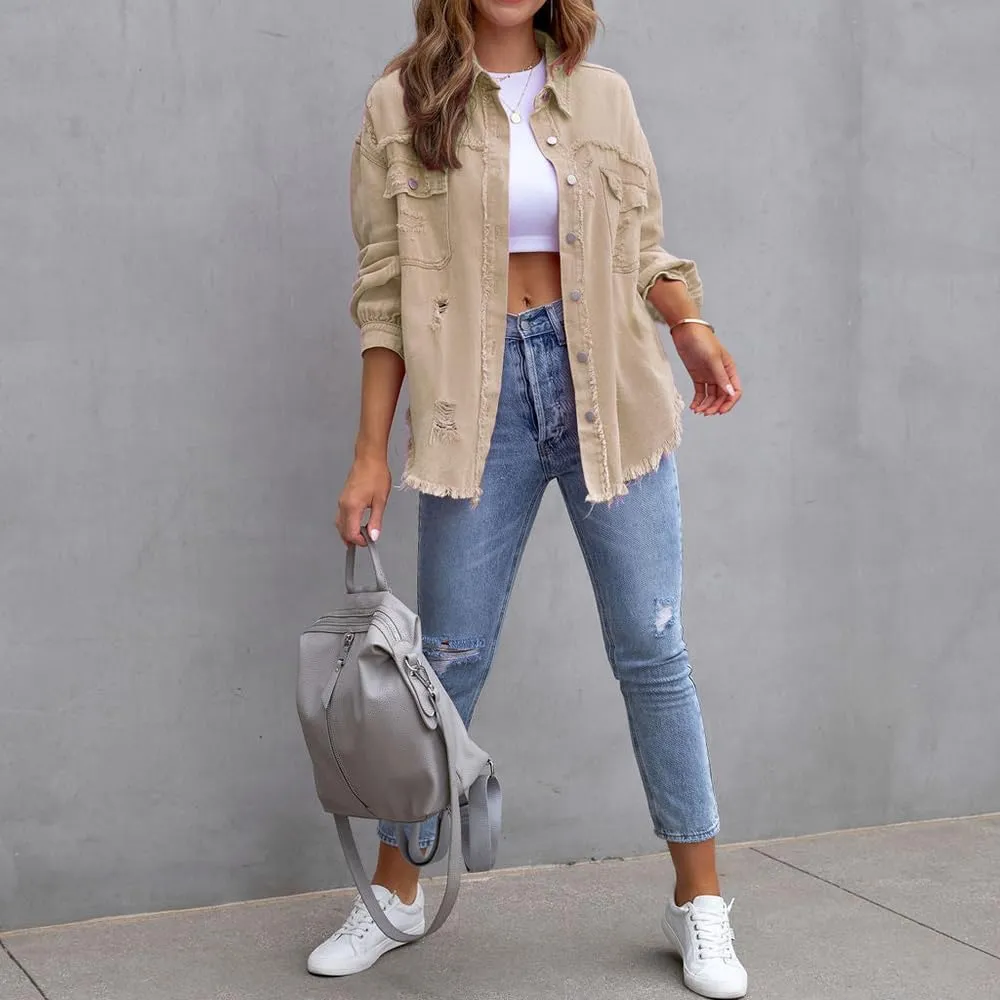 ZOCANIA Womens Ripped Denim Jacket Frayed Hem Distressed Jacket Button Front Boyfriend Jean Coat Western Shirt with Pockets