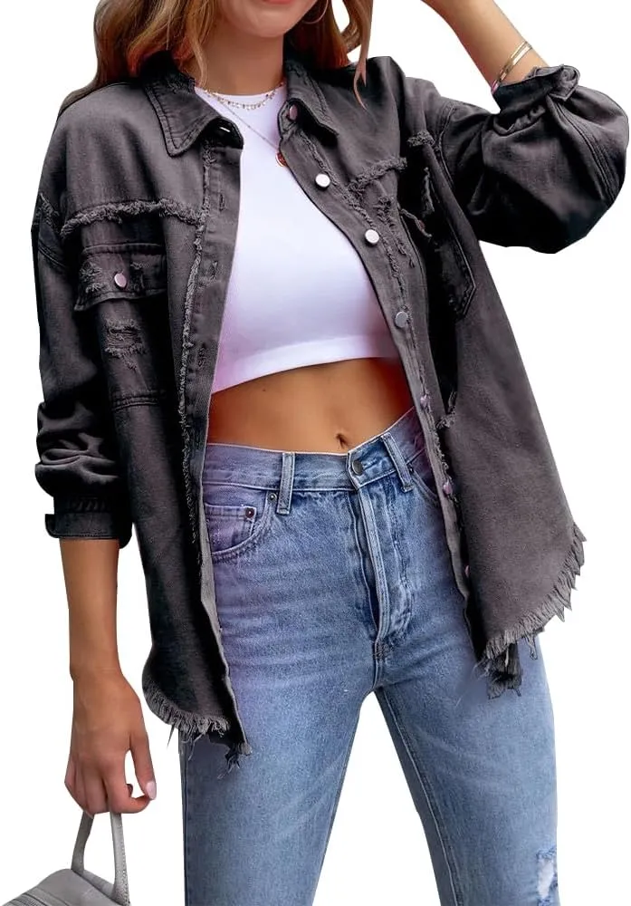 ZOCANIA Womens Ripped Denim Jacket Frayed Hem Distressed Jacket Button Front Boyfriend Jean Coat Western Shirt with Pockets