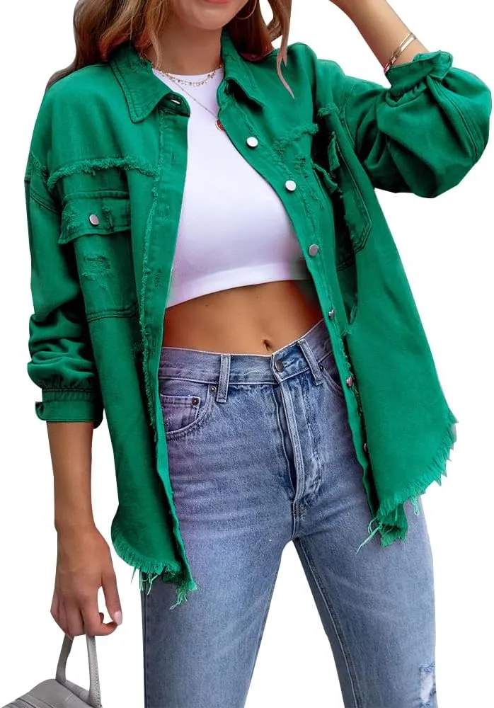 ZOCANIA Womens Ripped Denim Jacket Frayed Hem Distressed Jacket Button Front Boyfriend Jean Coat Western Shirt with Pockets