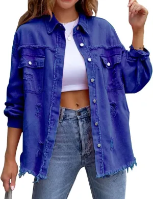ZOCANIA Womens Ripped Denim Jacket Frayed Hem Distressed Jacket Button Front Boyfriend Jean Coat Western Shirt with Pockets