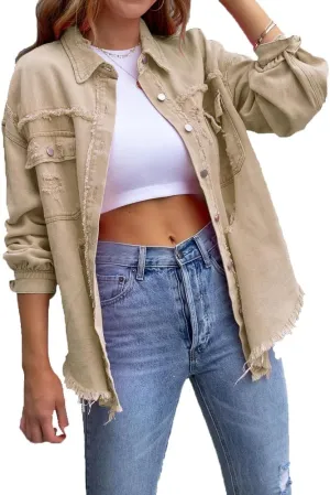 ZOCANIA Womens Ripped Denim Jacket Frayed Hem Distressed Jacket Button Front Boyfriend Jean Coat Western Shirt with Pockets