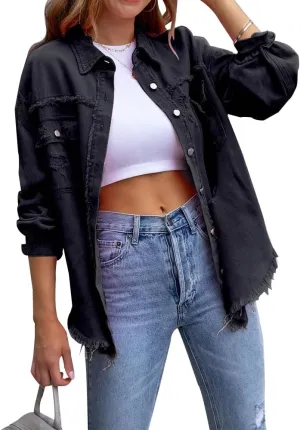ZOCANIA Womens Ripped Denim Jacket Frayed Hem Distressed Jacket Button Front Boyfriend Jean Coat Western Shirt with Pockets