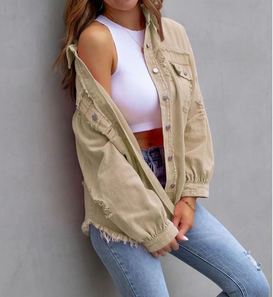 ZOCANIA Womens Ripped Denim Jacket Frayed Hem Distressed Jacket Button Front Boyfriend Jean Coat Western Shirt with Pockets