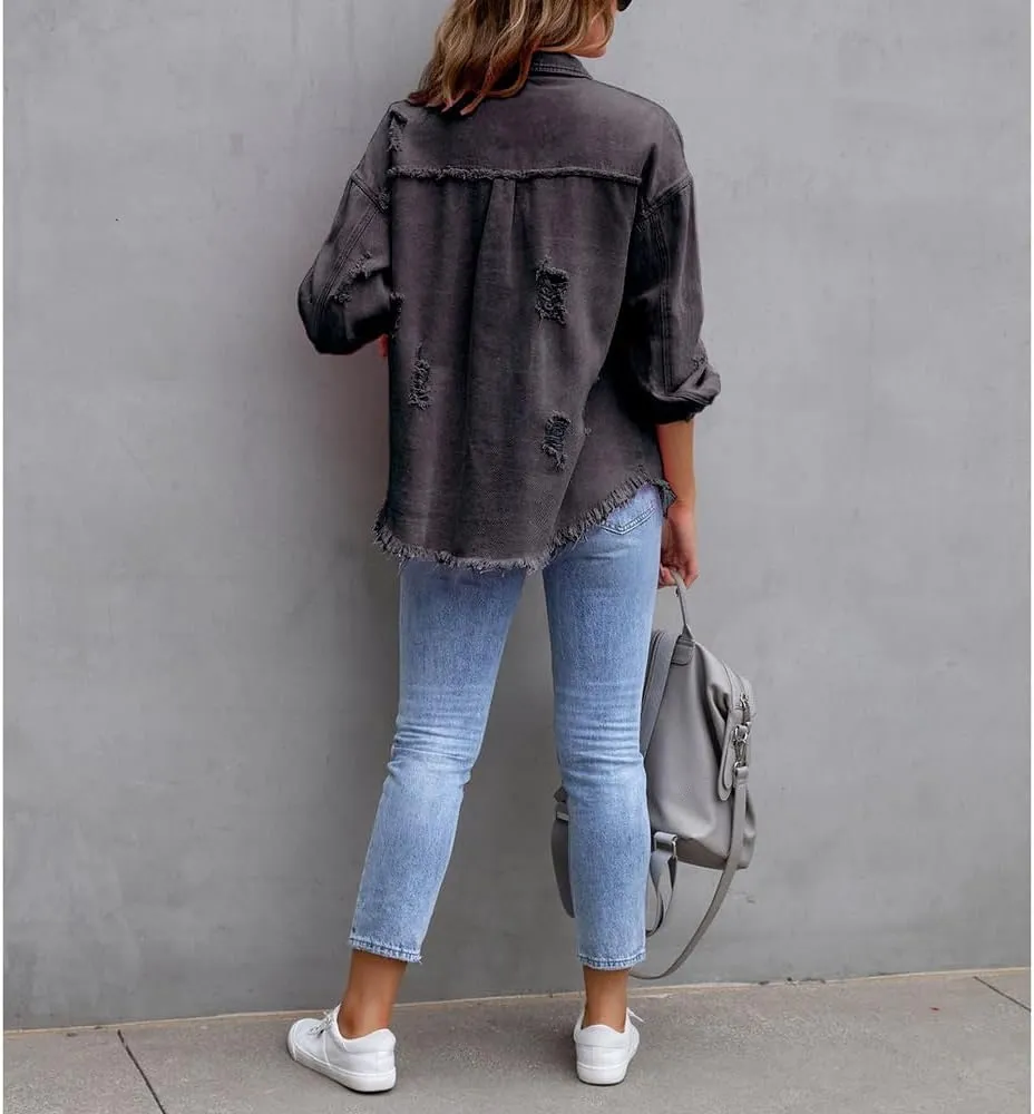 ZOCANIA Womens Ripped Denim Jacket Frayed Hem Distressed Jacket Button Front Boyfriend Jean Coat Western Shirt with Pockets