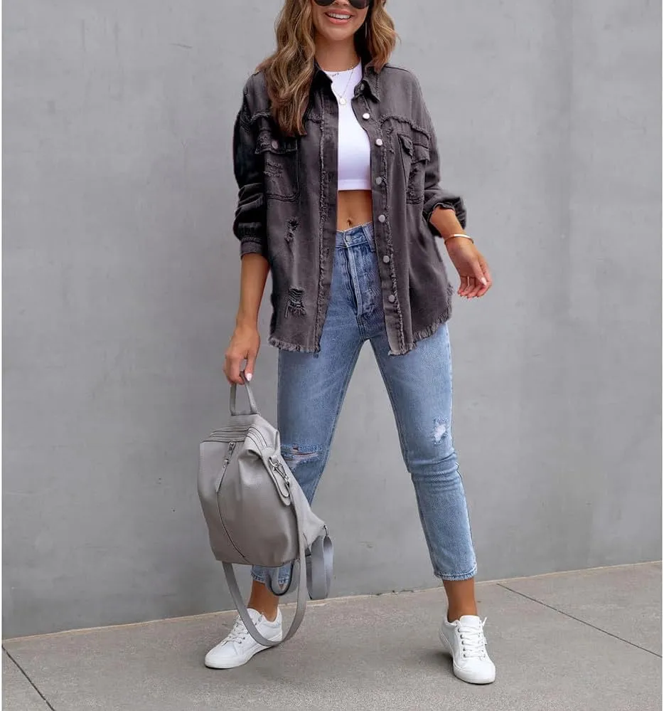 ZOCANIA Womens Ripped Denim Jacket Frayed Hem Distressed Jacket Button Front Boyfriend Jean Coat Western Shirt with Pockets