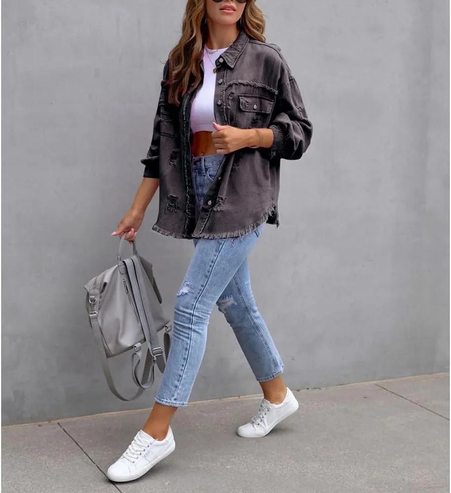 ZOCANIA Womens Ripped Denim Jacket Frayed Hem Distressed Jacket Button Front Boyfriend Jean Coat Western Shirt with Pockets