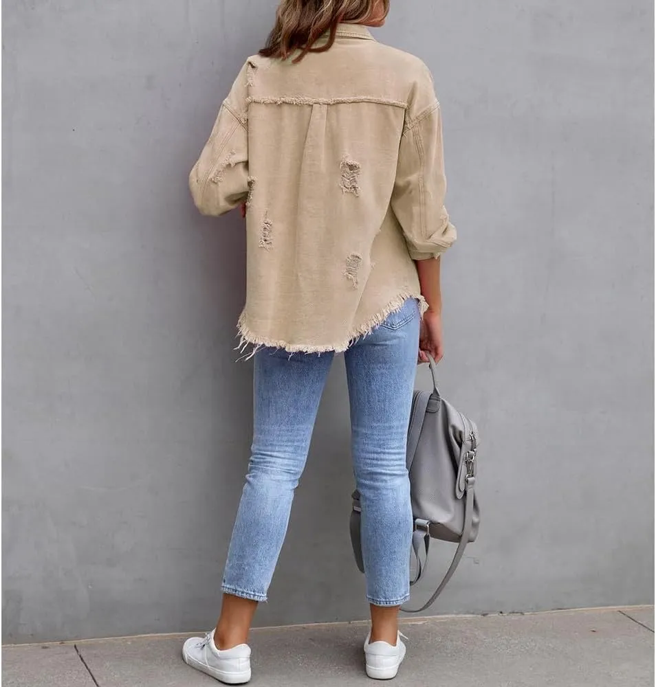 ZOCANIA Womens Ripped Denim Jacket Frayed Hem Distressed Jacket Button Front Boyfriend Jean Coat Western Shirt with Pockets