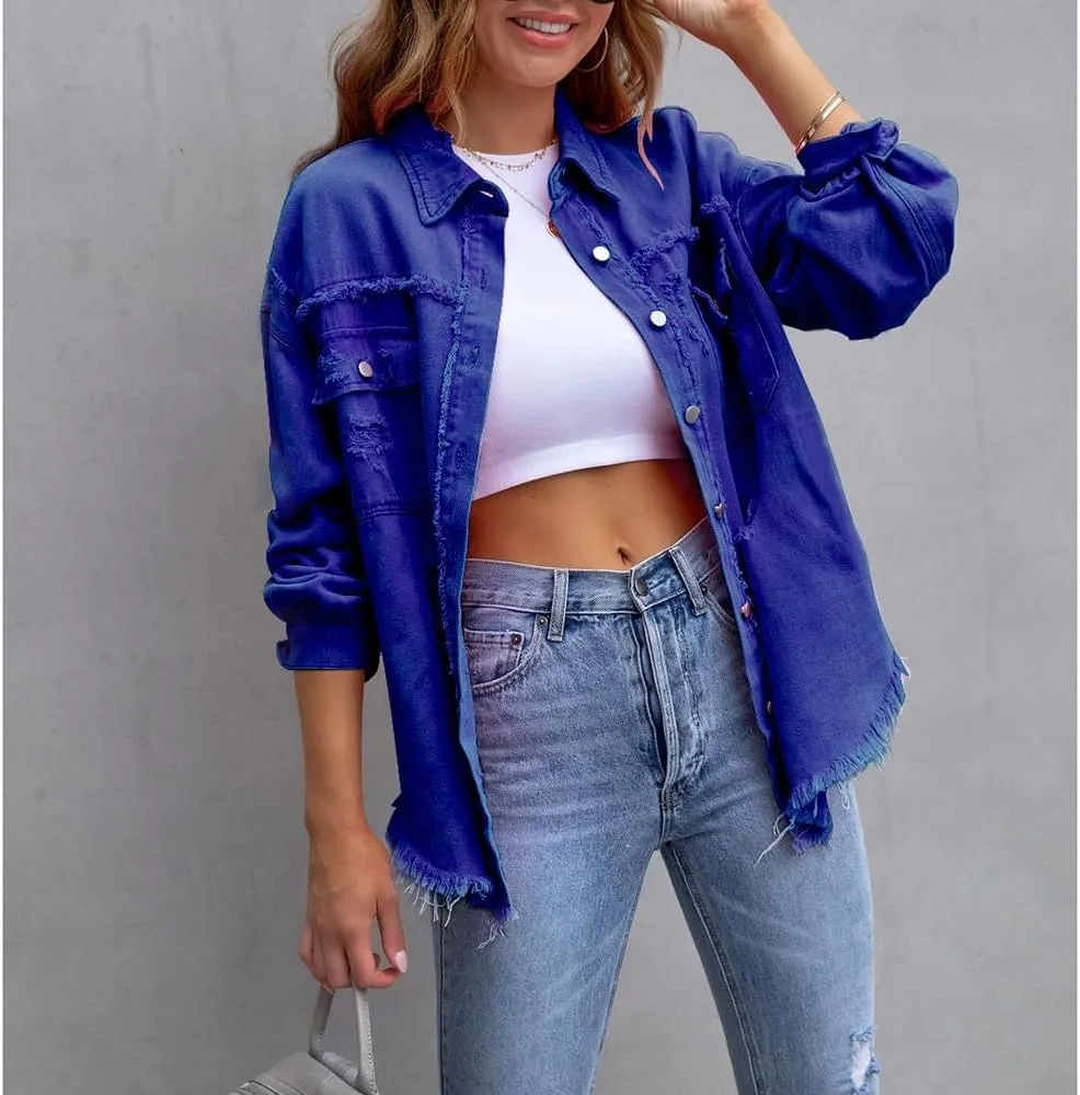 ZOCANIA Womens Ripped Denim Jacket Frayed Hem Distressed Jacket Button Front Boyfriend Jean Coat Western Shirt with Pockets