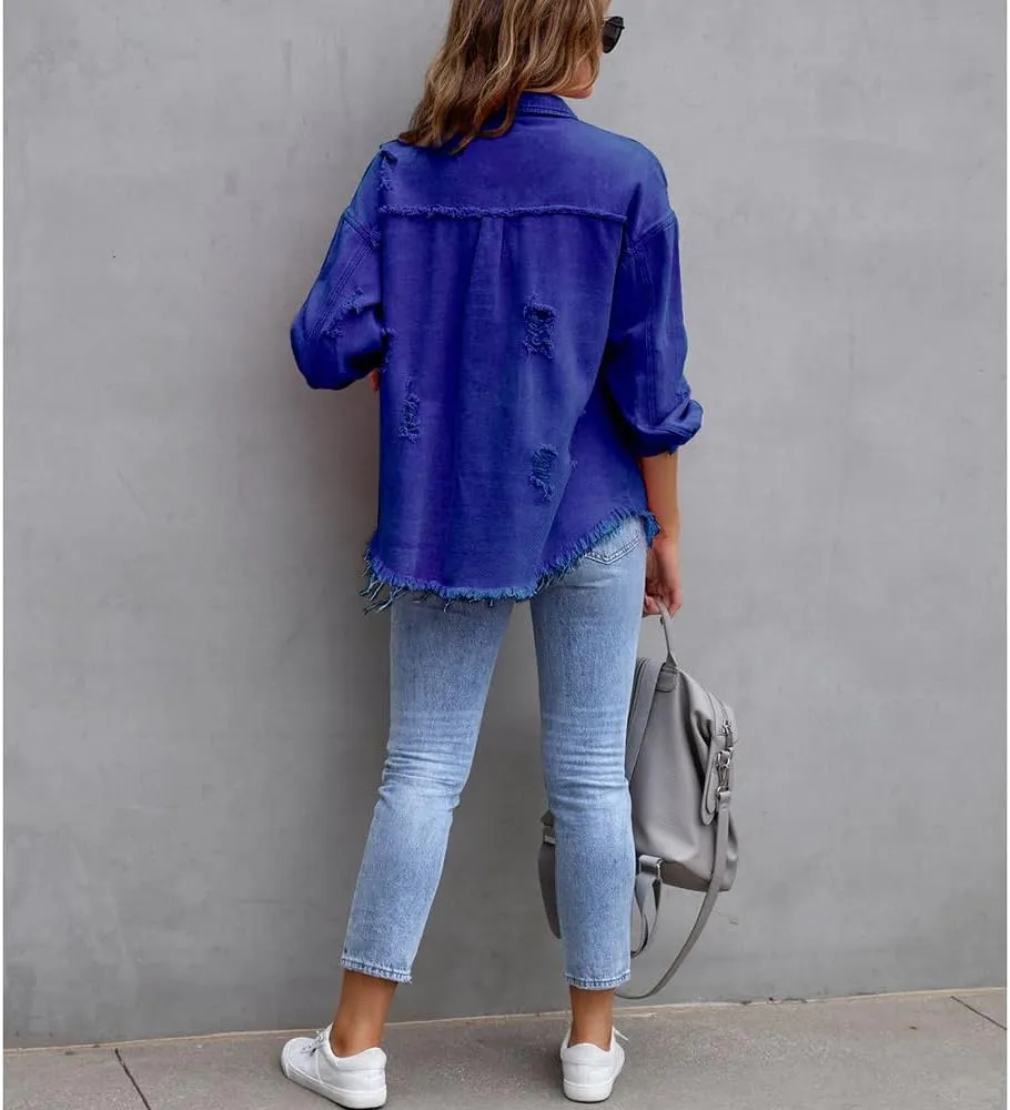 ZOCANIA Womens Ripped Denim Jacket Frayed Hem Distressed Jacket Button Front Boyfriend Jean Coat Western Shirt with Pockets