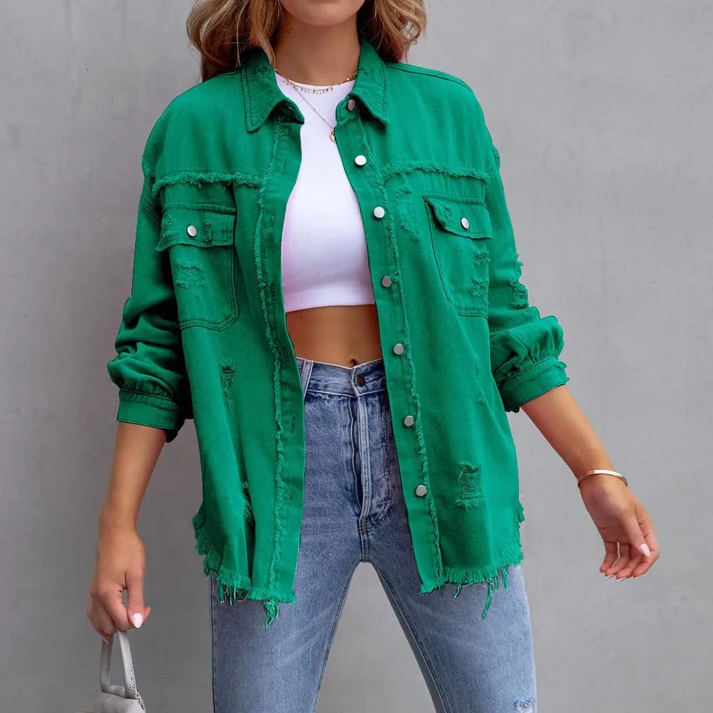 ZOCANIA Womens Ripped Denim Jacket Frayed Hem Distressed Jacket Button Front Boyfriend Jean Coat Western Shirt with Pockets
