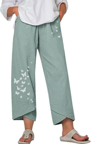 ZOCAVIA Women's Cotton Linen Casual Summer Capri Pants Cropped Comfy Baggy Trousers with Pockets Palazzo Lounge Pants
