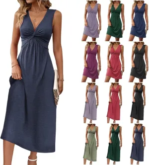 ZWRXW Sleeveless Dresses for Women 2025 Twist Front V Neck Ruffle Casual Summer Dress Sexy Cute Tunic Bodycon Mini Dresses