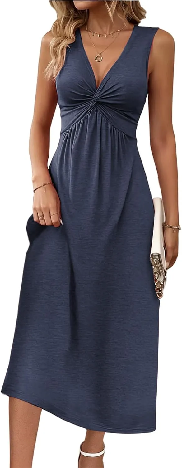 ZWRXW Sleeveless Dresses for Women 2025 Twist Front V Neck Ruffle Casual Summer Dress Sexy Cute Tunic Bodycon Mini Dresses