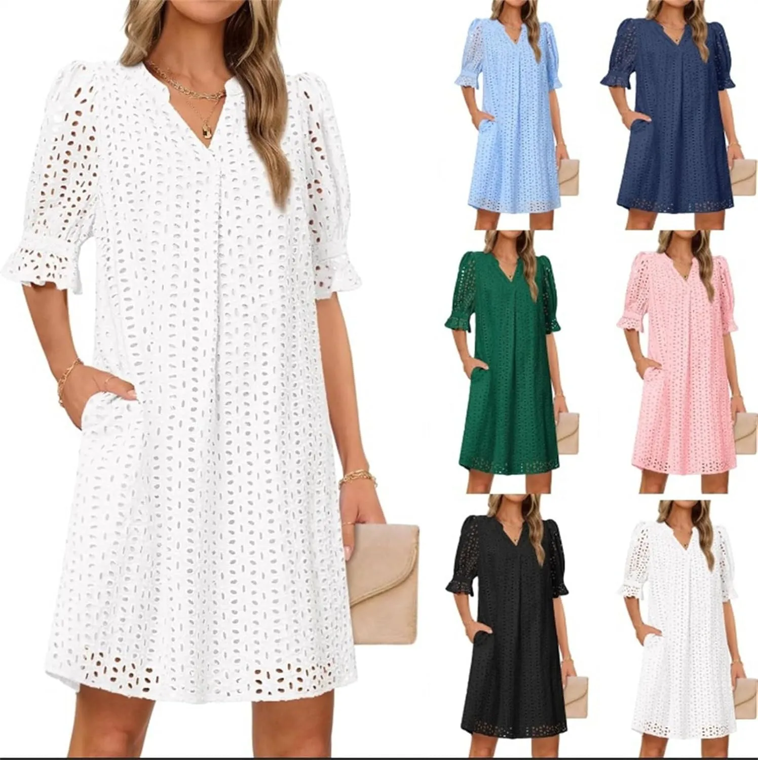 ZYXTIM Summer Eyelet Dresses for Women 2025 Elegant V Neck Short Sleeve Fashion Business Dress Hollow Out Vacation Dresses