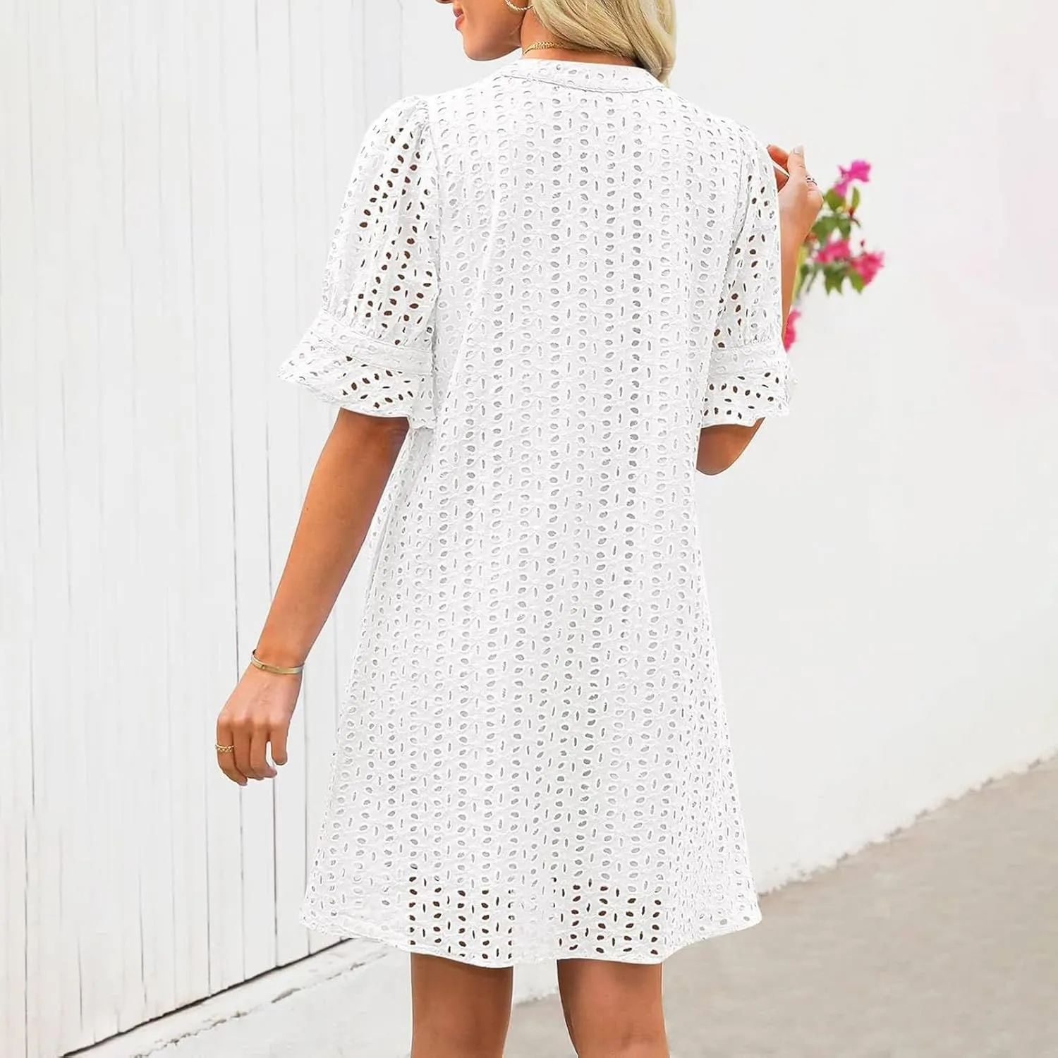 ZYXTIM Summer Eyelet Dresses for Women 2025 Elegant V Neck Short Sleeve Fashion Business Dress Hollow Out Vacation Dresses