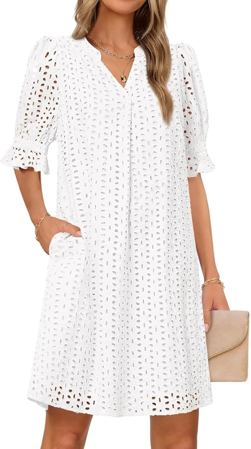 ZYXTIM Summer Eyelet Dresses for Women 2025 Elegant V Neck Short Sleeve Fashion Business Dress Hollow Out Vacation Dresses